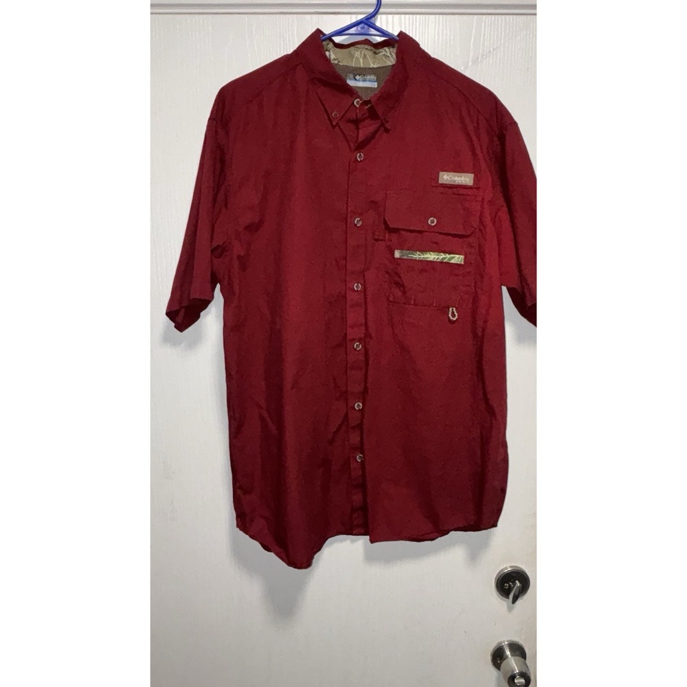Columbia PHG Shirt Men's L Burgundy Camo Button Up Short Sleeve Hunting Realtree